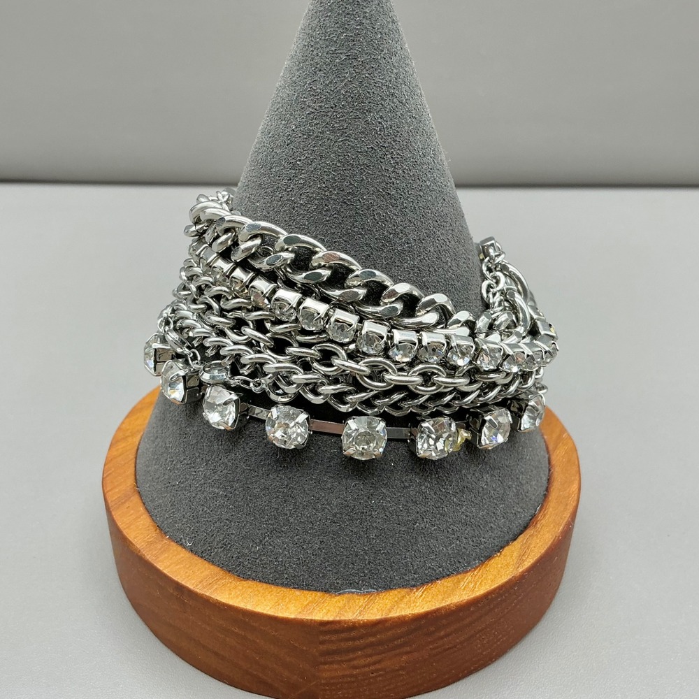 Chico's Bracelet Women Silver Multi Strand Rhinestone Chain Link Beaded Stretch